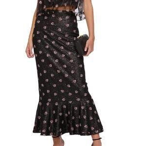NWT Saloni Black Aidan Embroidered Flower Maxi Sequin Skirt Flowy US 4 Coquette
